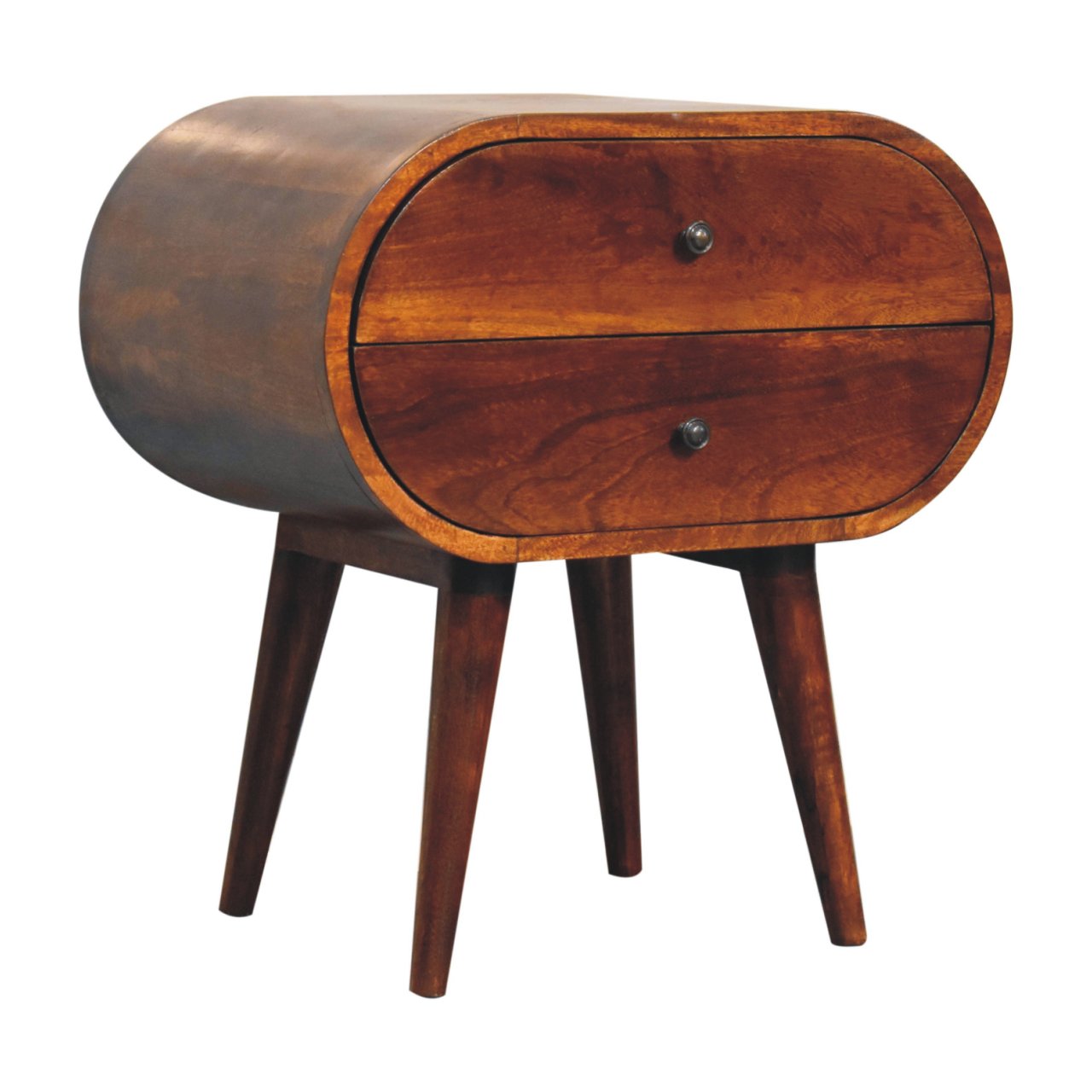 Solid Wood Large Chestnut Circular Bedside, 2-Drawers, Nordic Legs, Dark Brown
