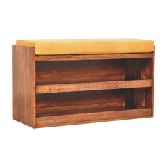 Solid Wood Buffalo Hide Pull out Honey Caramel Shoe Storage Bench, 2 Shelves, Yellow and Dark Brown