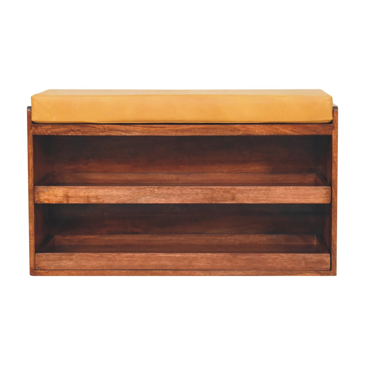 Solid Wood Buffalo Hide Pull out Honey Caramel Shoe Storage Bench, 2 Shelves, Yellow and Dark Brown