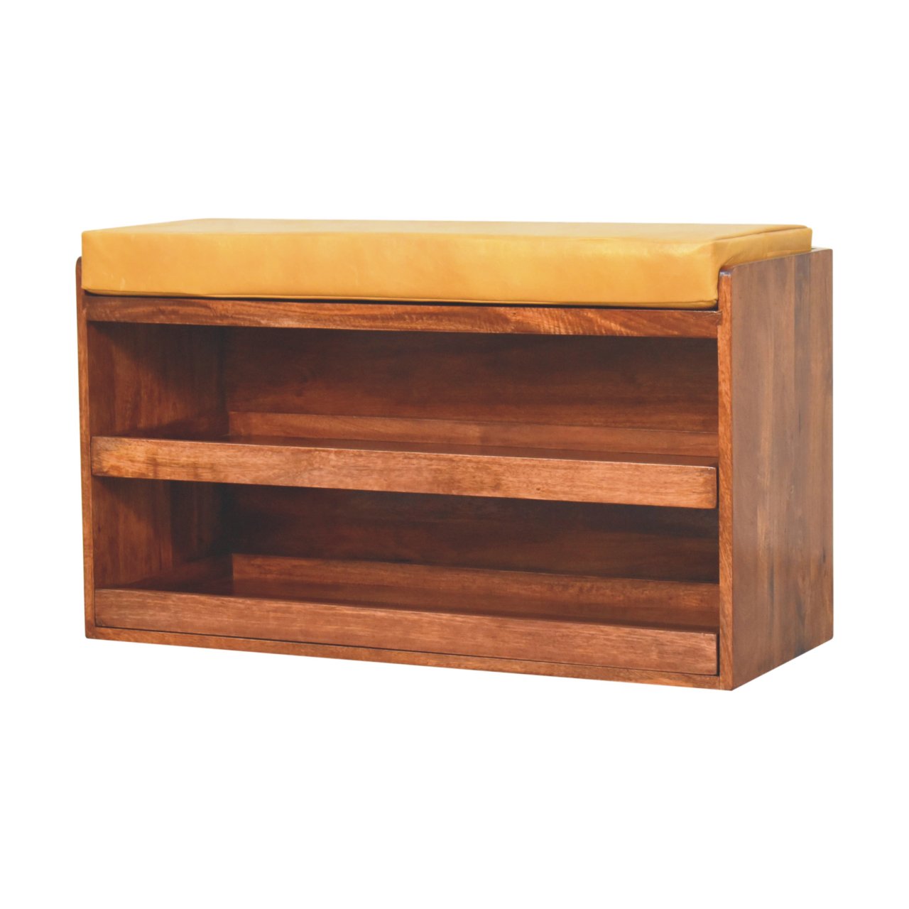 Solid Wood Buffalo Hide Pull out Honey Caramel Shoe Storage Bench, 2 Shelves, Yellow and Dark Brown
