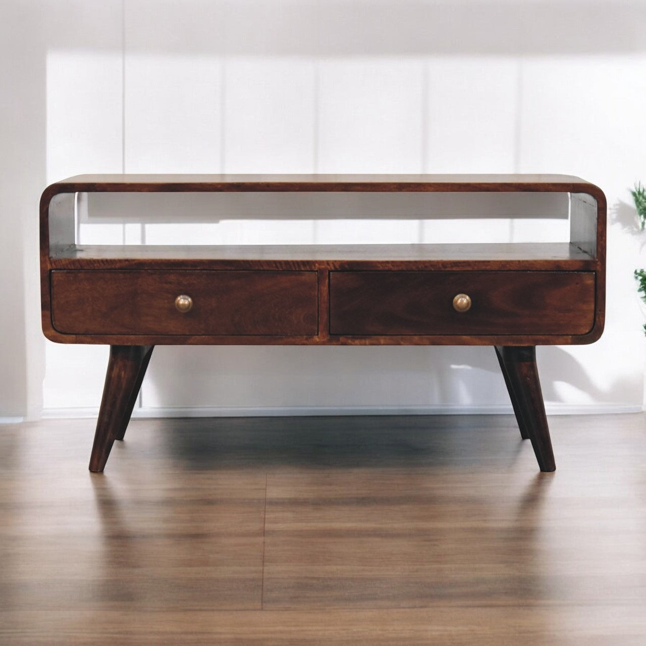 Solid Wood Curved California Walnut Media Unit, 2-Drawers, 1 Open Slot, Nordic Legs, Brown