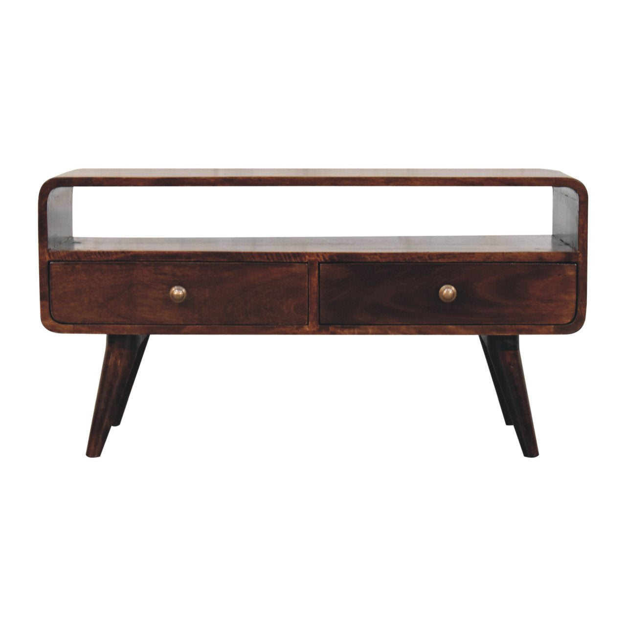 Solid Wood Curved California Walnut Media Unit, 2-Drawers, 1 Open Slot, Nordic Legs, Brown