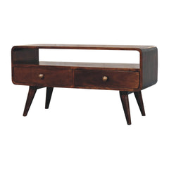Solid Wood Curved California Walnut Media Unit, 2-Drawers, 1 Open Slot, Nordic Legs, Brown
