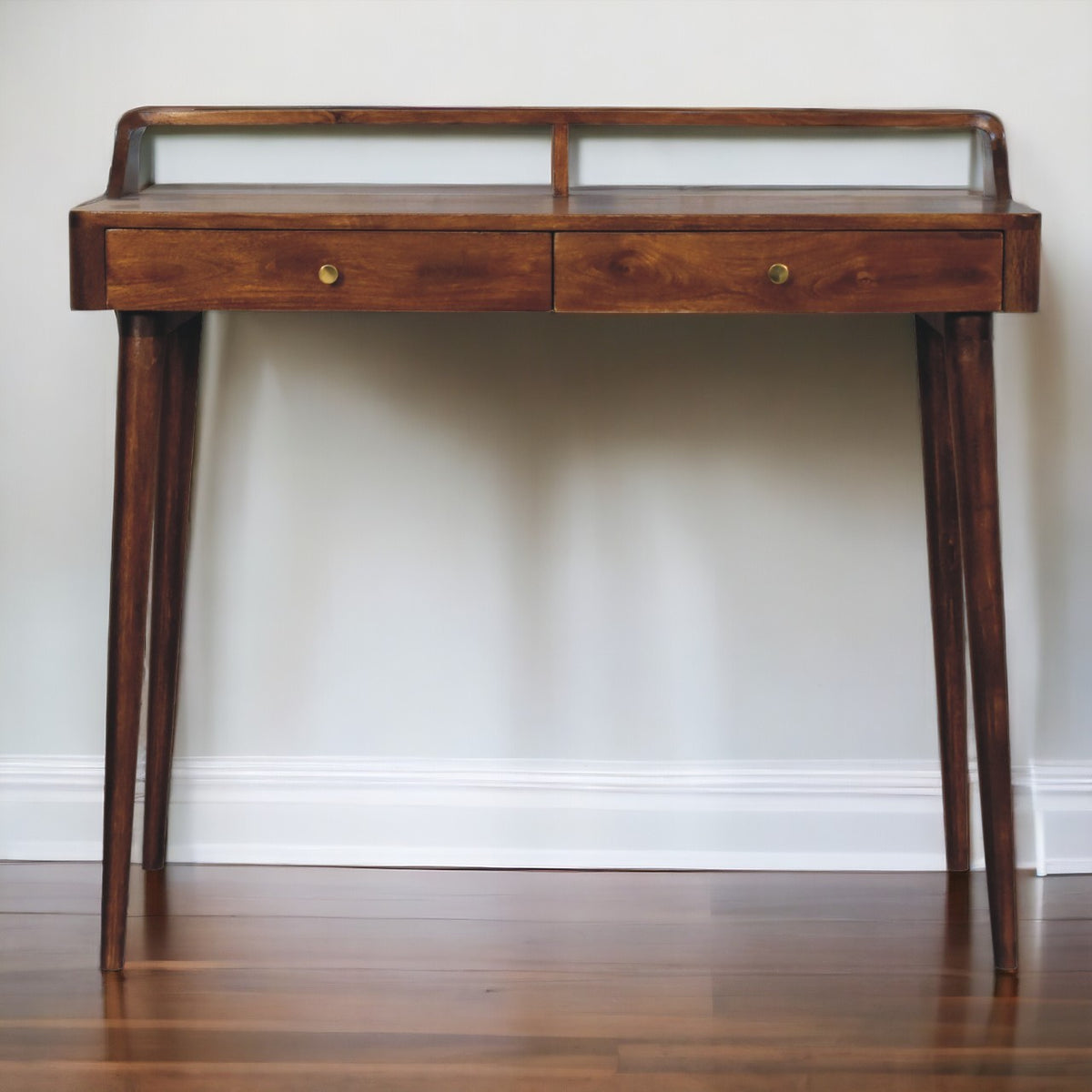 Elevated Chestnut Console Table, 2-Drawers, Nordic Legs, Dark Brown