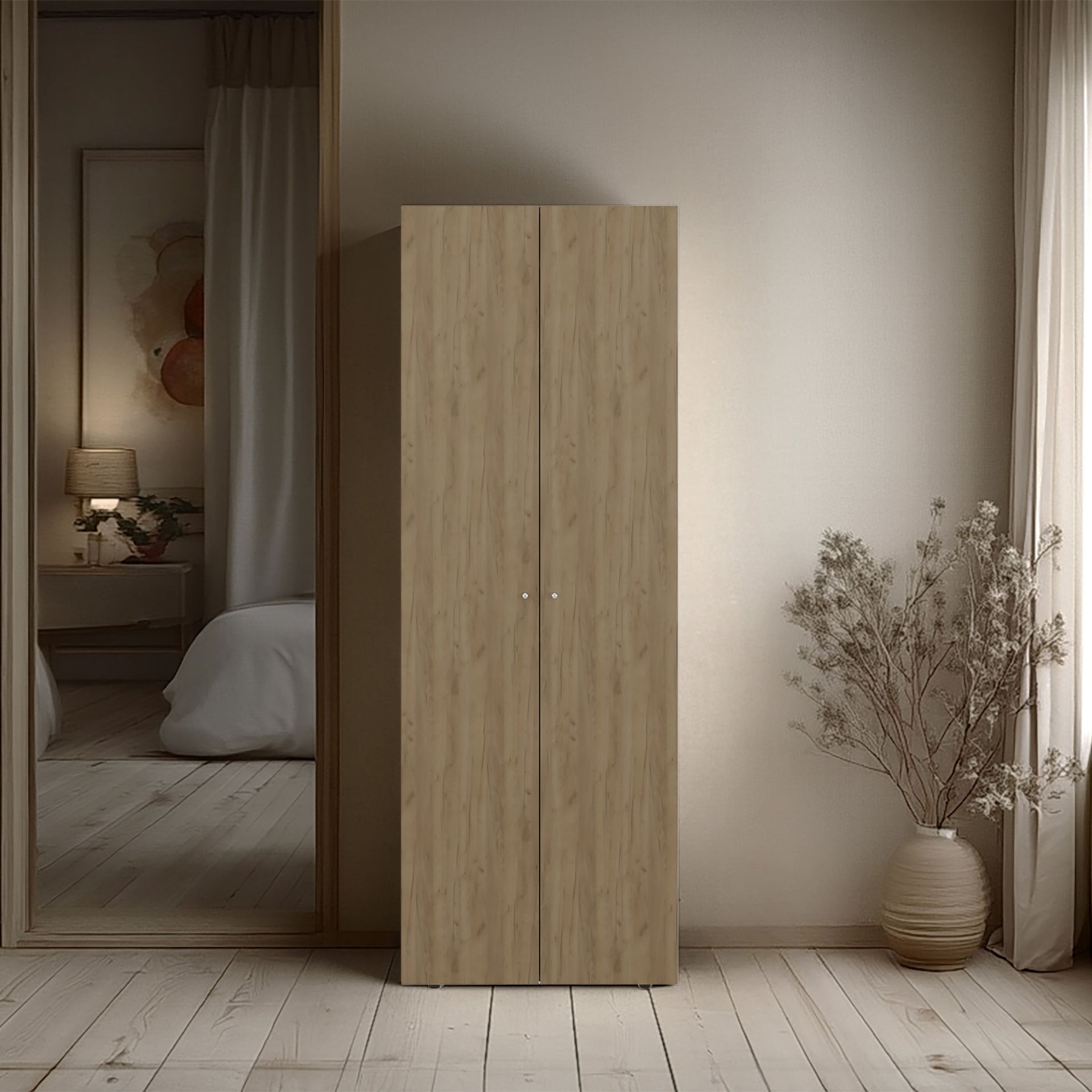 FM FURNITURE Basin  2-Door Tall Wardrobe Cabinet 66.9"H,  Bedroom, Natural Oak
