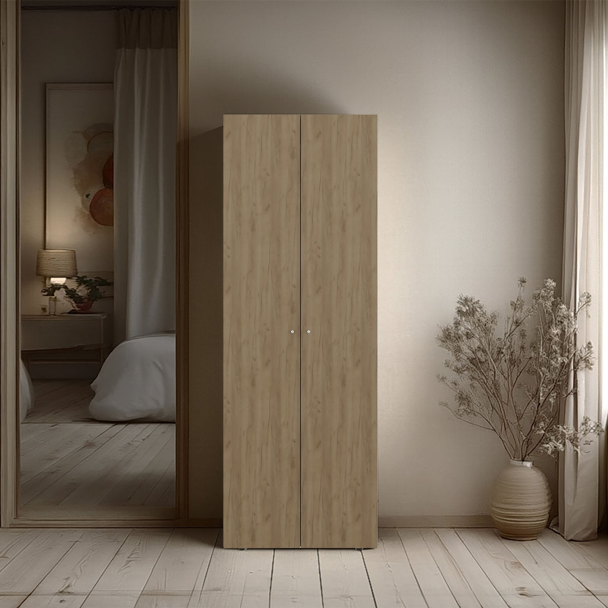 FM FURNITURE Basin  2-Door Tall Wardrobe Cabinet 66.9"H,  Bedroom, Natural Oak