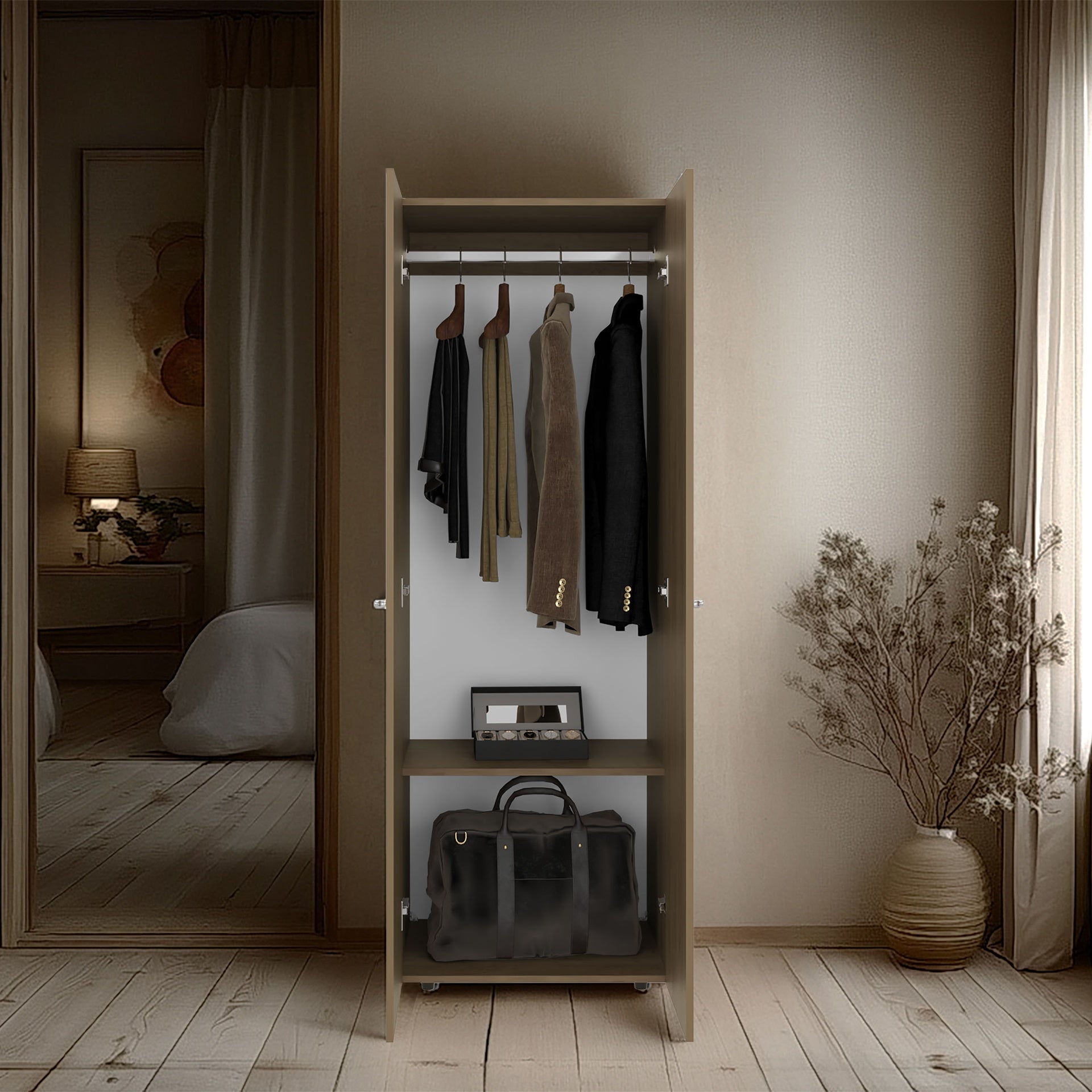 FM FURNITURE Basin  2-Door Tall Wardrobe Cabinet 66.9"H,  Bedroom, Natural Oak