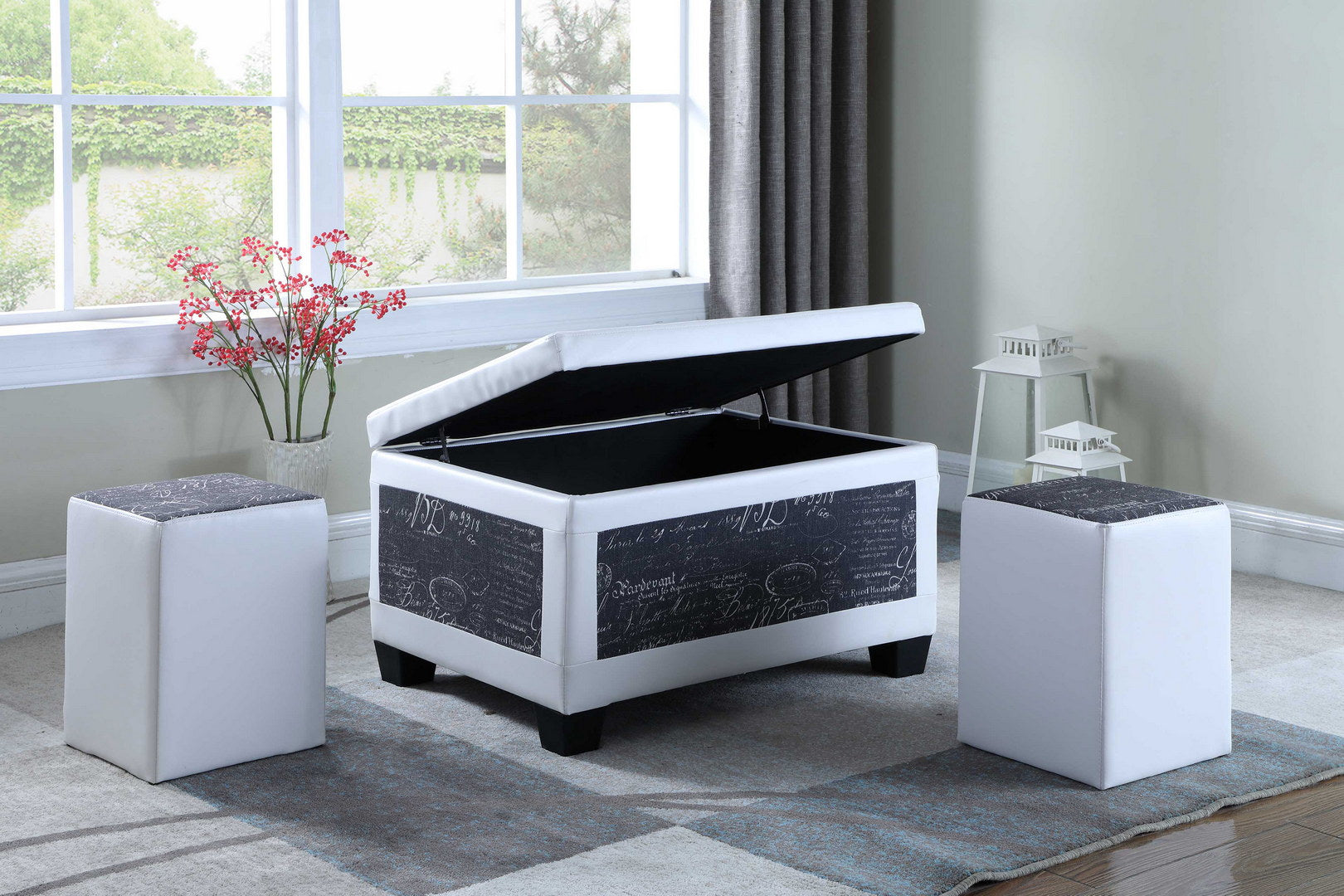 19" Tall Bonded Leather Storage Ottoman w/ 2 Seating, Old-World Blue and White
