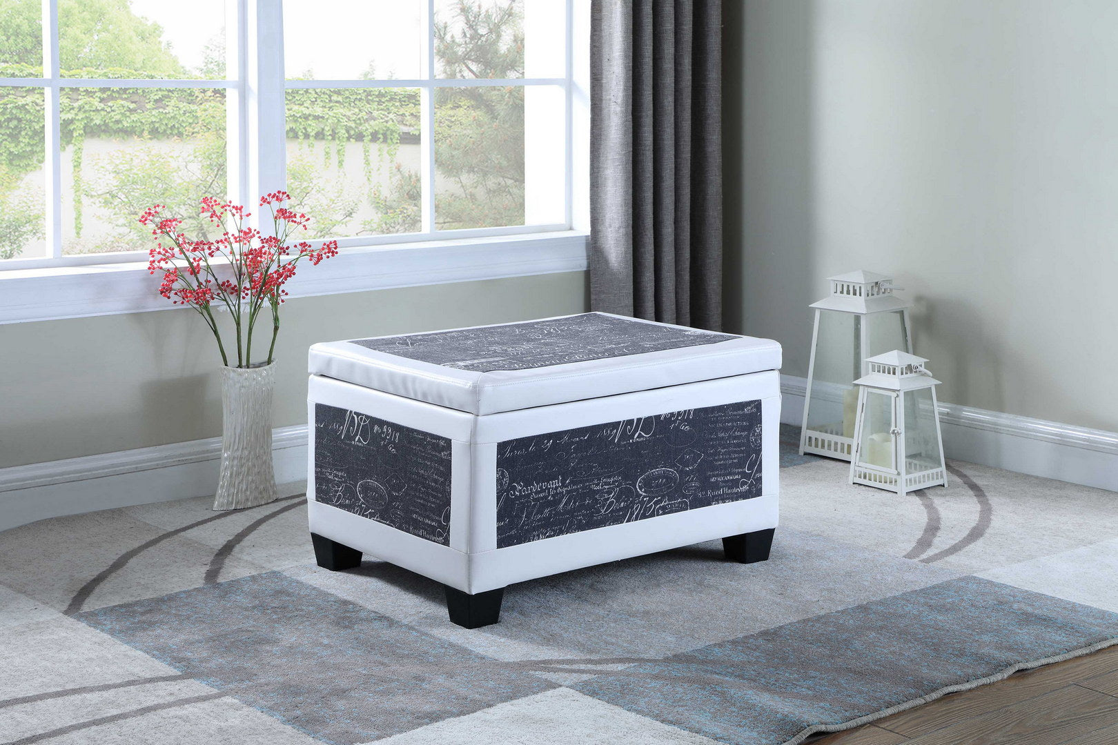 19" Tall Bonded Leather Storage Ottoman w/ 2 Seating, Old-World Blue and White