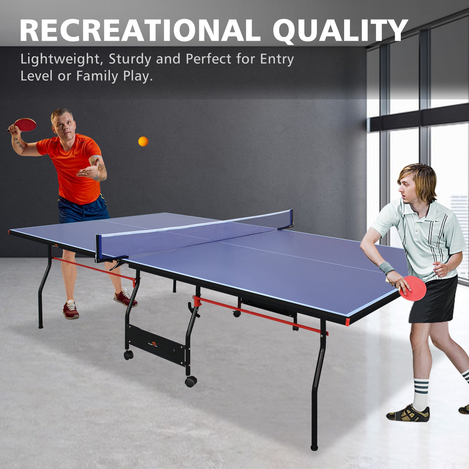 DOUBLE FISH [Folding Table Tennis]9 Ft Folding Regulation Table Tennis Table - 2 Paddles, 2 Balls, 1 Net And Post Set, BLUE, Fold-Up Design, 4 Wheels For Easy Movement