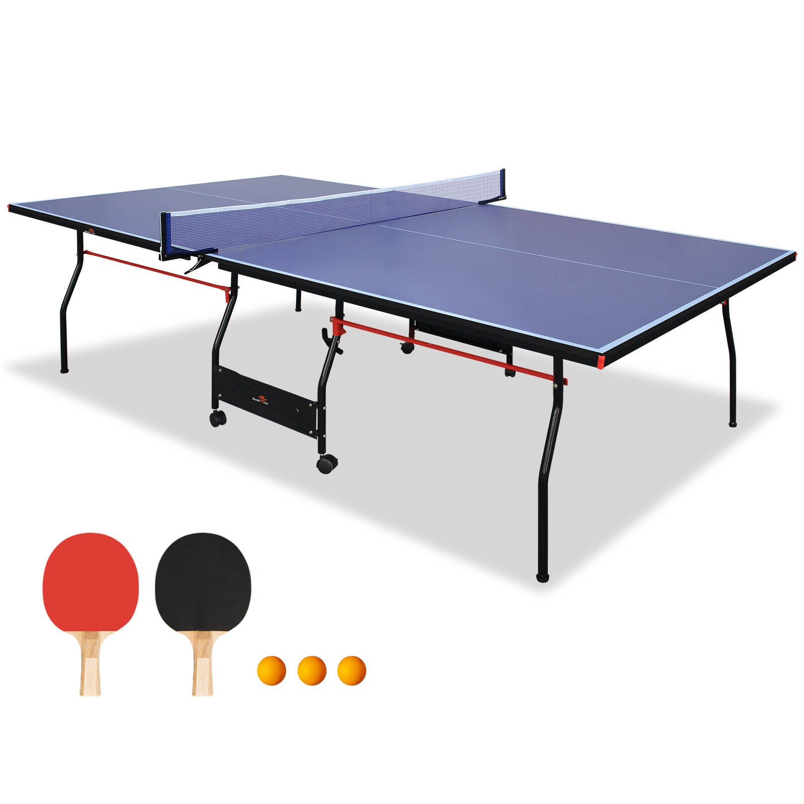 DOUBLE FISH [Folding Table Tennis]9 Ft Folding Regulation Table Tennis Table - 2 Paddles, 2 Balls, 1 Net And Post Set, BLUE, Fold-Up Design, 4 Wheels For Easy Movement