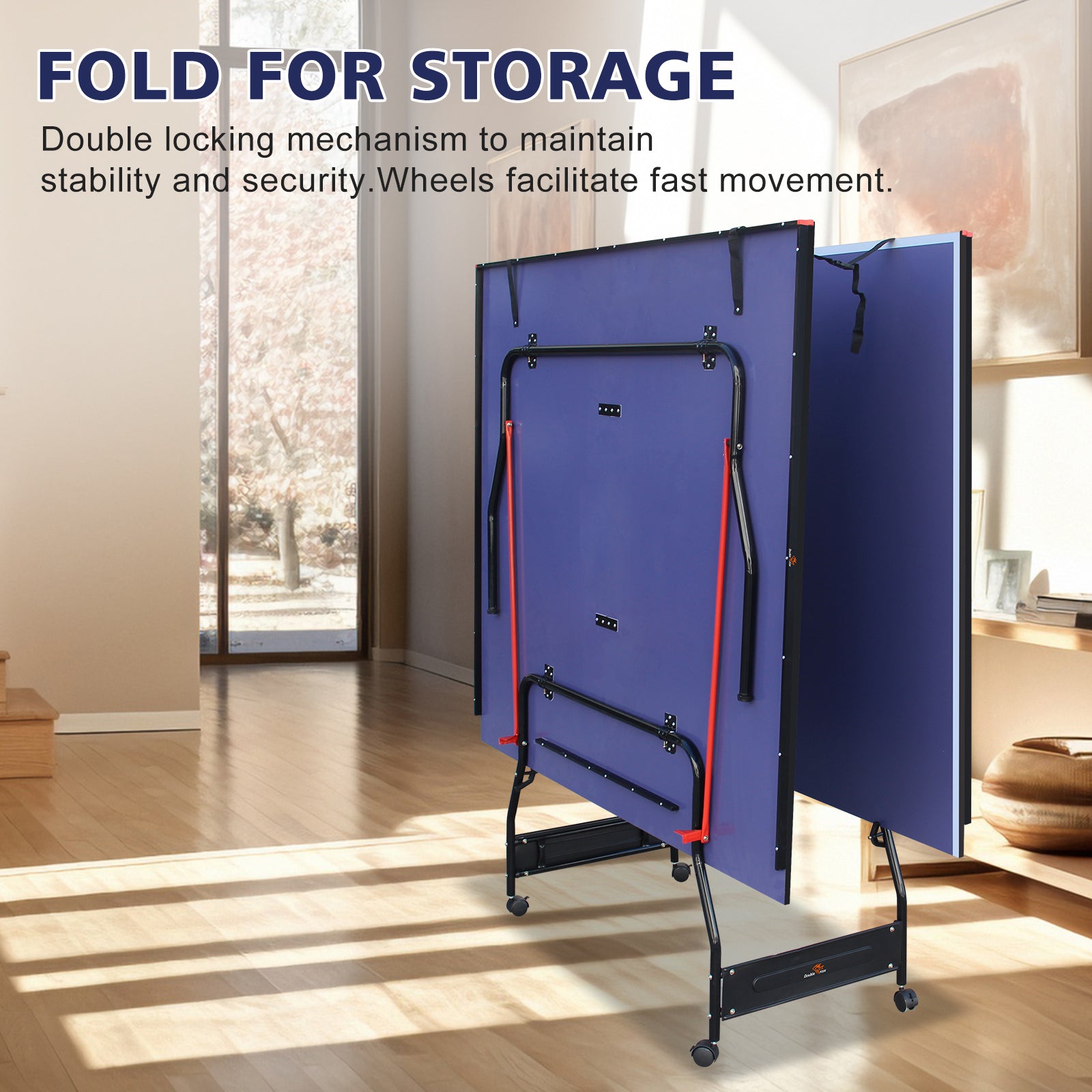 DOUBLE FISH [Folding Table Tennis]9 Ft Folding Regulation Table Tennis Table - 2 Paddles, 2 Balls, 1 Net And Post Set, BLUE, Fold-Up Design, 4 Wheels For Easy Movement