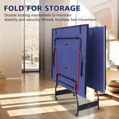 DOUBLE FISH [Folding Table Tennis]9 Ft Folding Regulation Table Tennis Table - 2 Paddles, 2 Balls, 1 Net And Post Set, BLUE, Fold-Up Design, 4 Wheels For Easy Movement