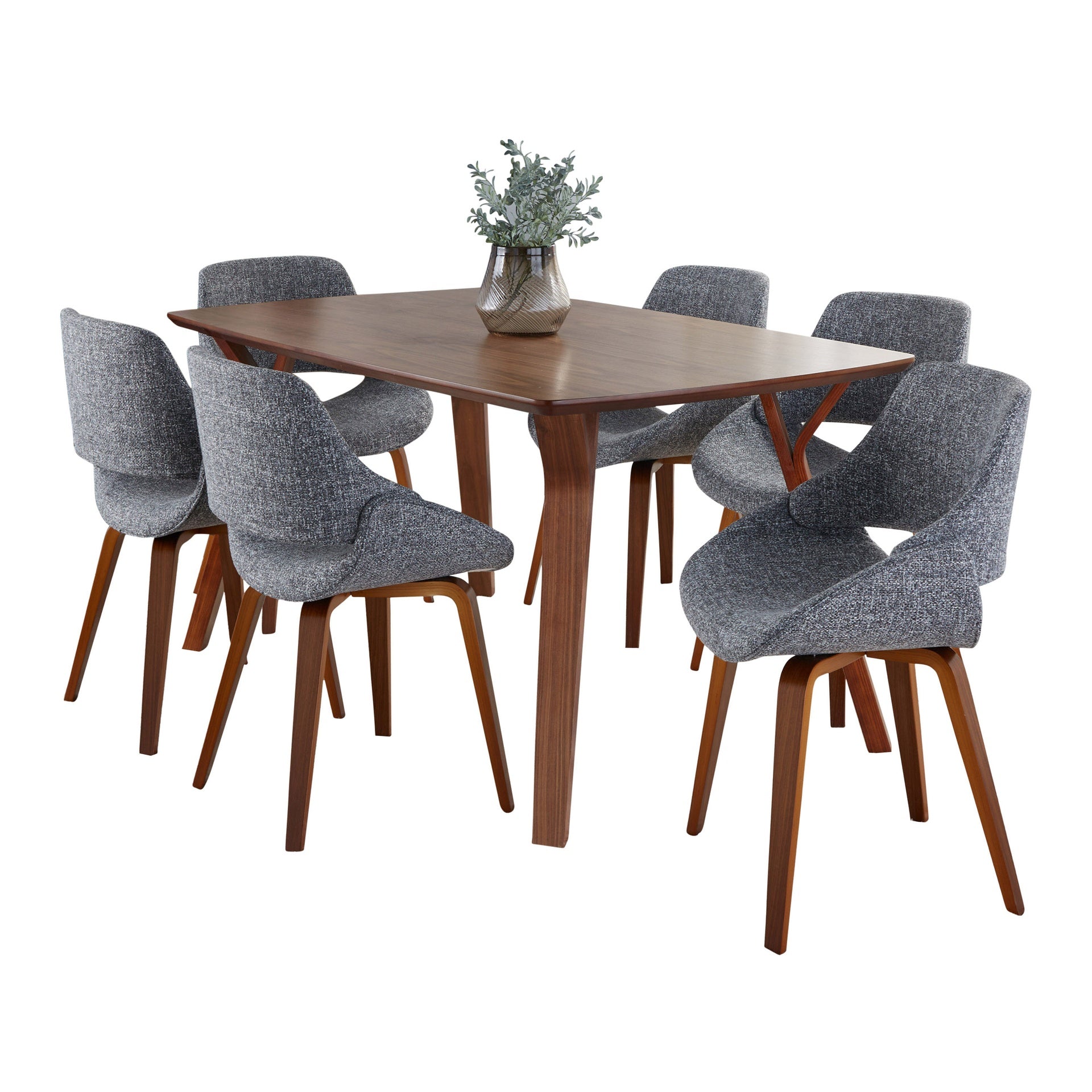 Folia Fabrico Mid-Century Modern Dining Set in Walnut Wood and Grey Noise Fabric by LumiSource - 7 Piece