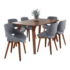 Folia Fabrico Mid-Century Modern Dining Set in Walnut Wood and Grey Noise Fabric by LumiSource - 7 Piece