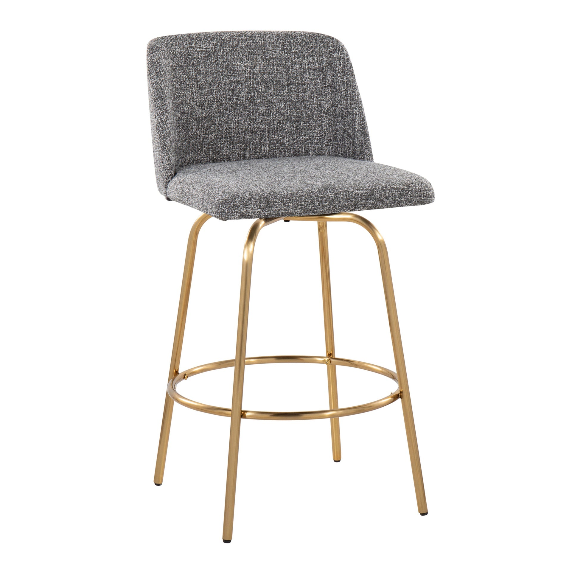 Toriano 26" Contemporary Fixed-Height Counter Stool with Swivel in Grey Noise Fabric and Gold Metal with Round Footrest by LumiSource - Set of 2