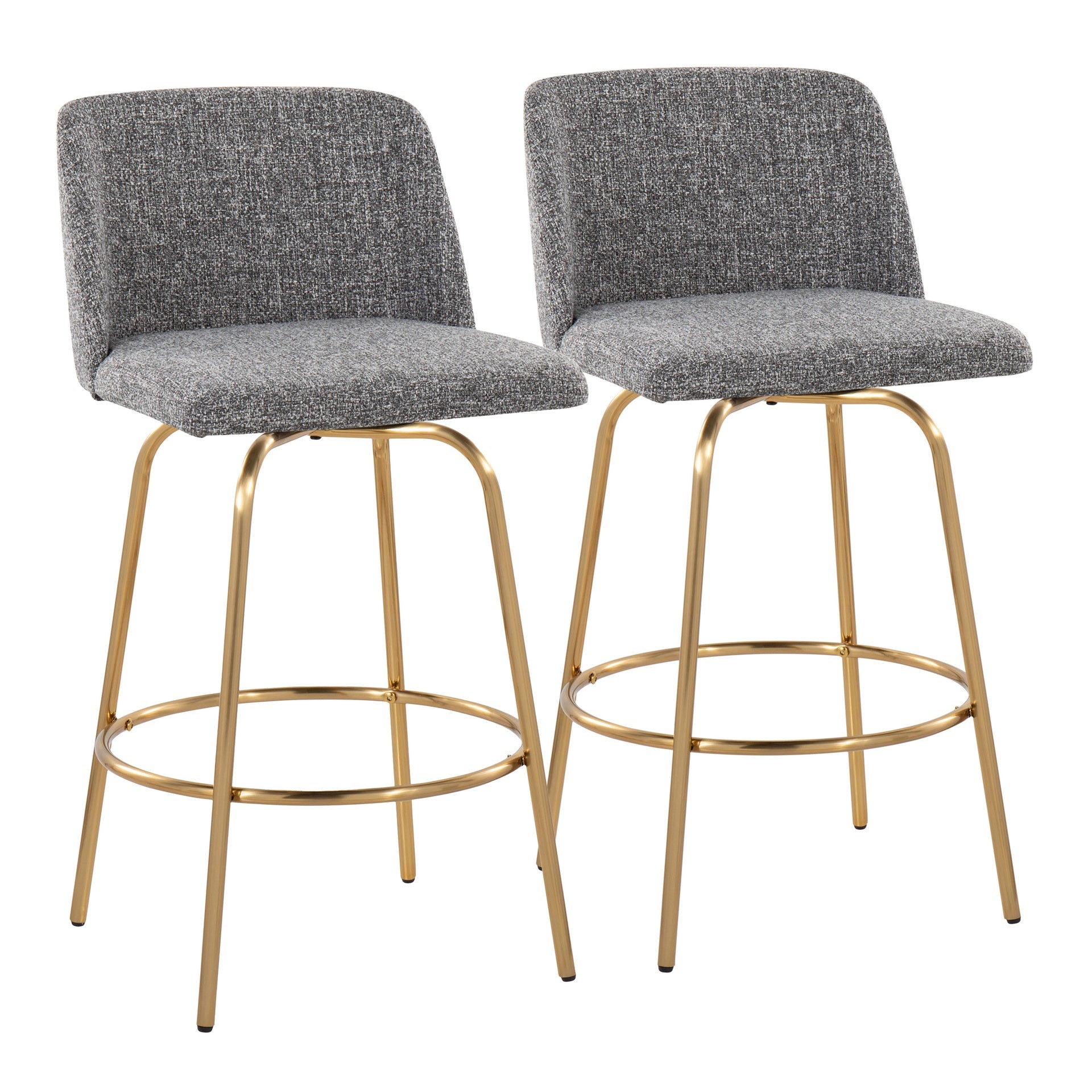 Toriano 26" Contemporary Fixed-Height Counter Stool with Swivel in Grey Noise Fabric and Gold Metal with Round Footrest by LumiSource - Set of 2