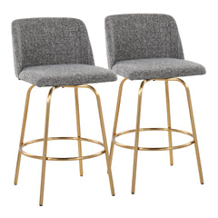 Toriano 26" Contemporary Fixed-Height Counter Stool with Swivel in Grey Noise Fabric and Gold Metal with Round Footrest by LumiSource - Set of 2