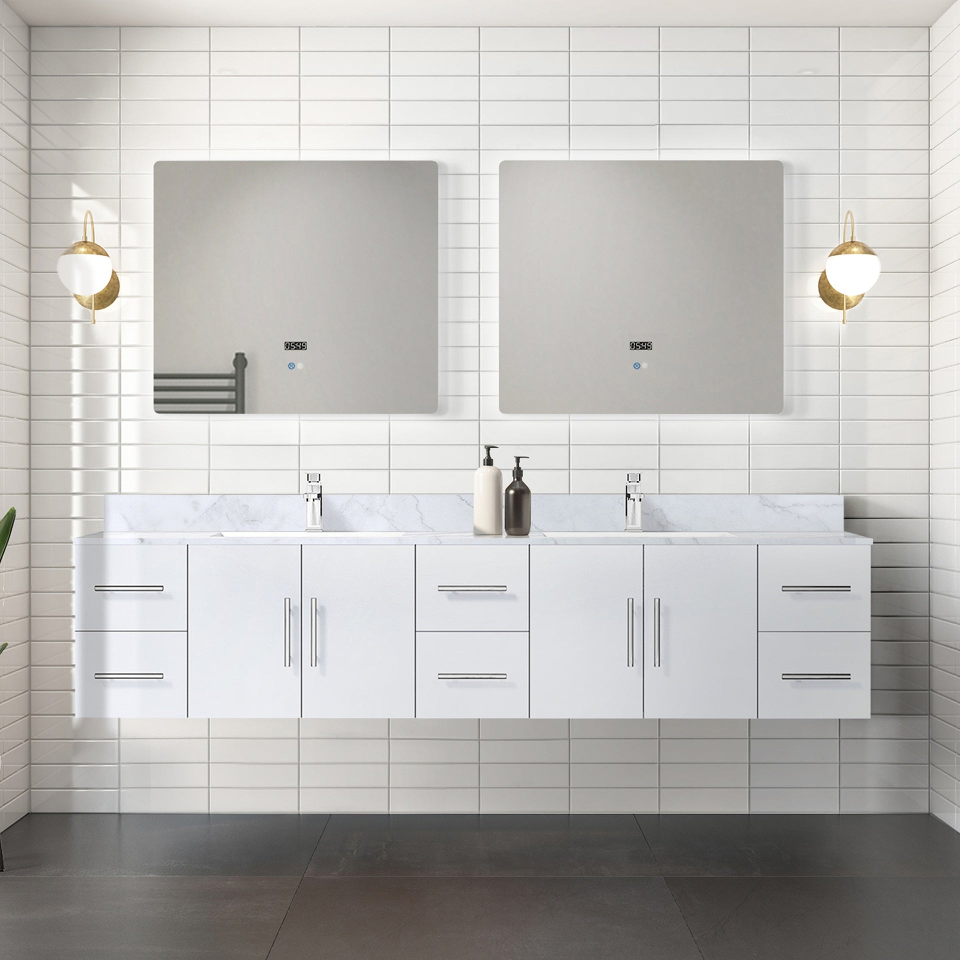 Glossy White Double Bath Vanity 84 in. W x 22 in. D, Carrara Marble Top, and 36 in. LED Mirrors