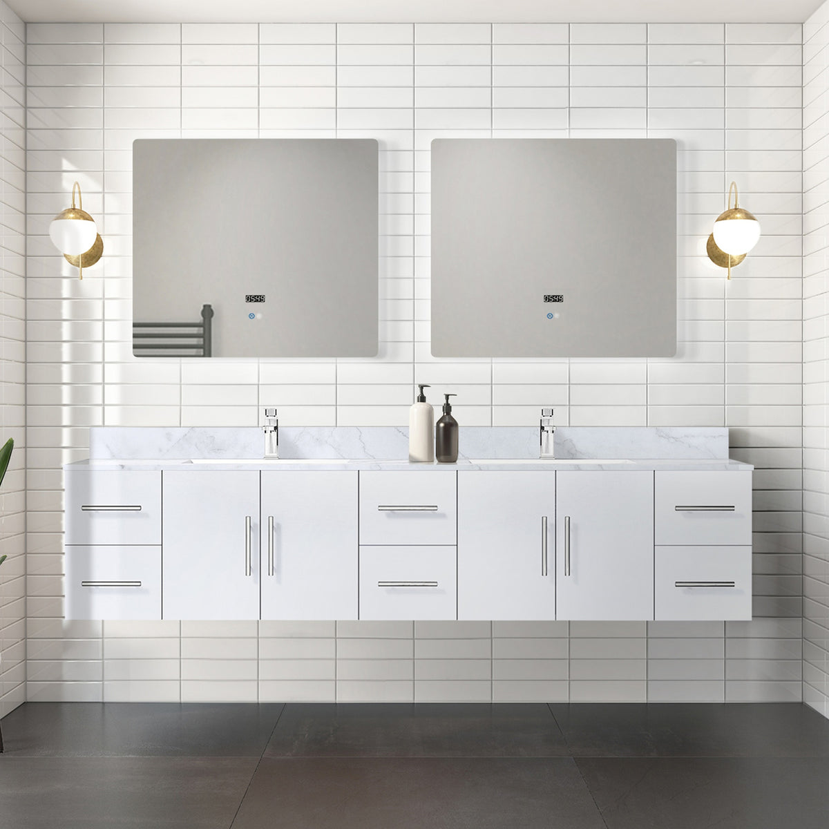 Glossy White Double Bath Vanity 84 in. W x 22 in. D, Carrara Marble Top, and 36 in. LED Mirrors
