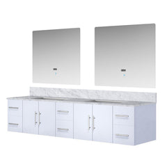 Glossy White Double Bath Vanity 84 in. W x 22 in. D, Carrara Marble Top, and 36 in. LED Mirrors