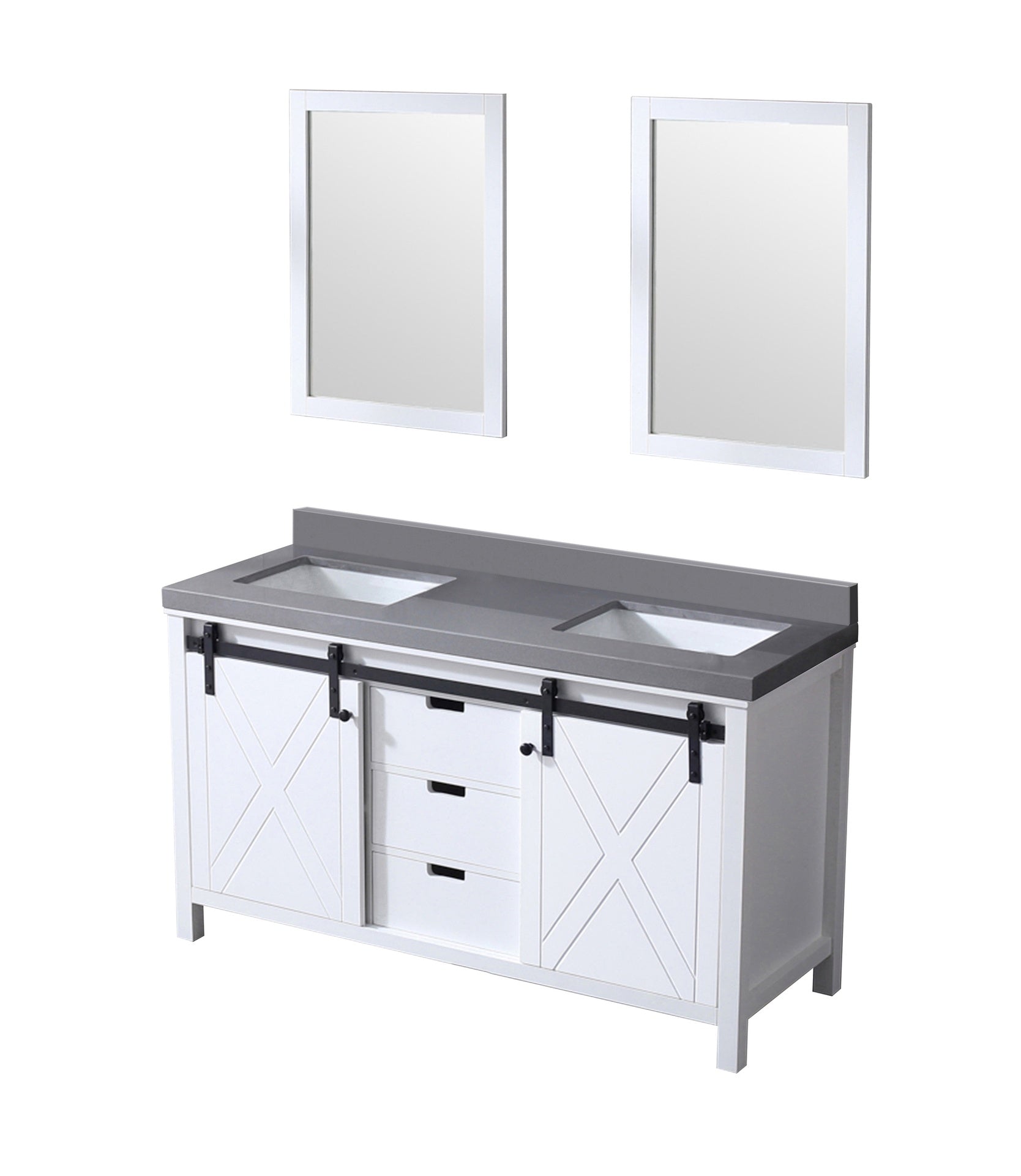 White Double Bath Vanity 60 in. W x 22 in. D, Grey Quartz Countertop and 24 in. Mirrors