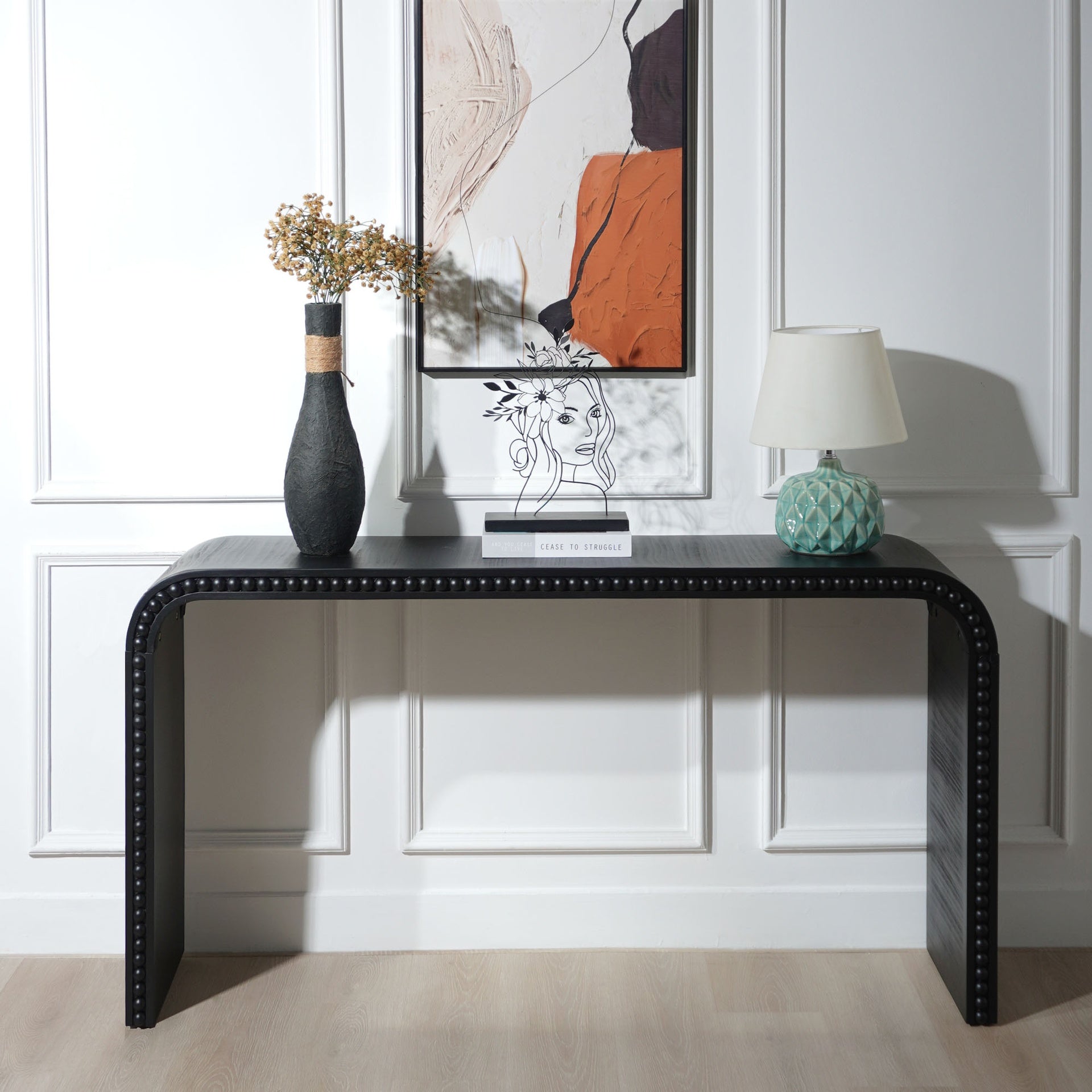 Black wood Console Table, 59in Entryway Table, Curved Waterfall-style Table,Console table with wood beads,Entrance Table for Entryway, Hallway, Living Room, Foyer, Corridor, Office