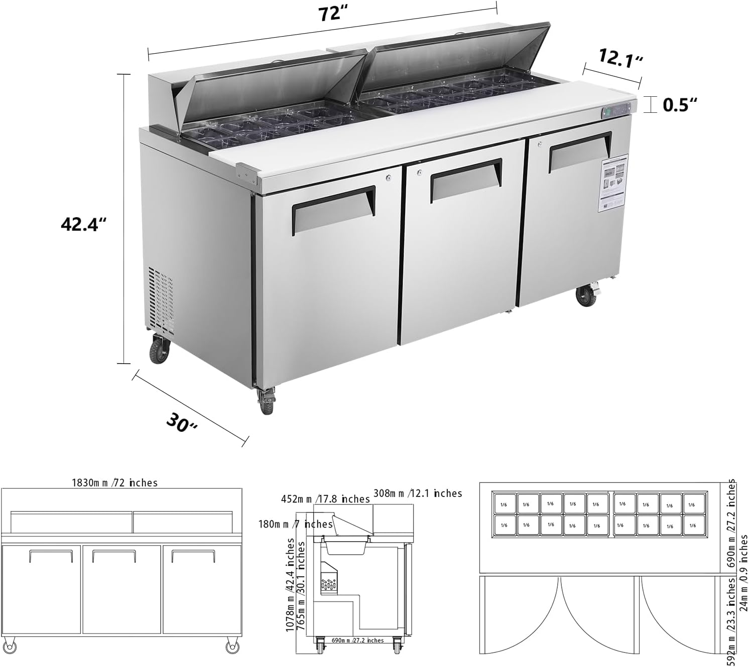 72" W 3 Door Refrigerator Sandwich Salad Prep Table Commercial Stainless Steel Fan Cooling Refrigerator with Cutting Board, 3 Shelves & 30 Pans for Restaurant, Bar, Shop-20 Cu.ft