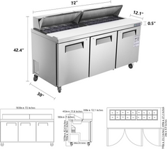 72" W 3 Door Refrigerator Sandwich Salad Prep Table Commercial Stainless Steel Fan Cooling Refrigerator with Cutting Board, 3 Shelves & 30 Pans for Restaurant, Bar, Shop-20 Cu.ft