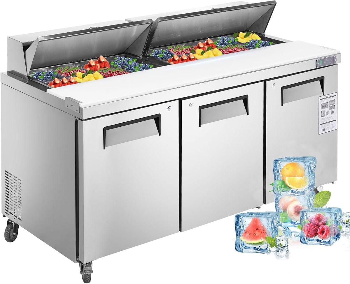 72" W 3 Door Refrigerator Sandwich Salad Prep Table Commercial Stainless Steel Fan Cooling Refrigerator with Cutting Board, 3 Shelves & 30 Pans for Restaurant, Bar, Shop-20 Cu.ft