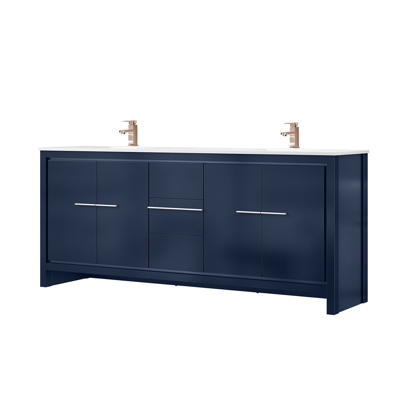Navy Blue Double Bath Vanity 80 in. W x 20 in. D, White Quartz Top and Rose Gold Faucet Set