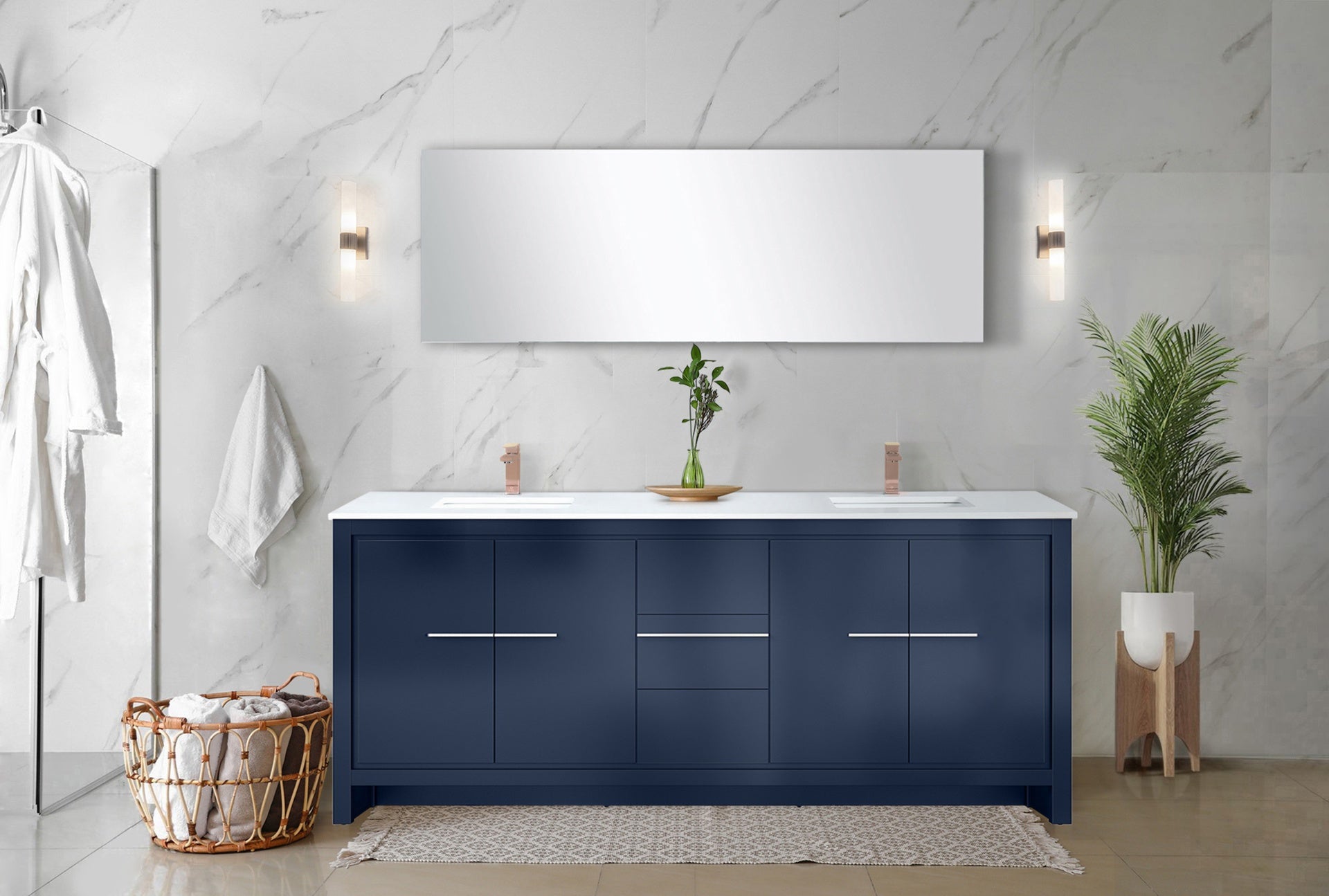 Navy Blue Double Bath Vanity 80 in. W x 20 in. D, White Quartz Top and Rose Gold Faucet Set