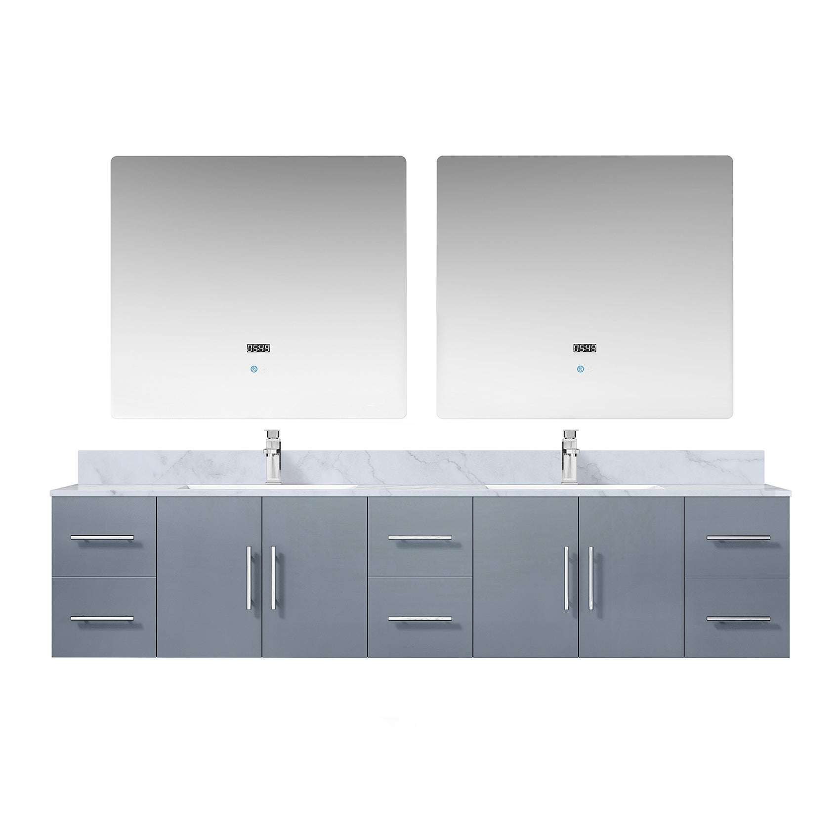 Dark Grey Double Bath Vanity 84 in. W x 22 in. D, Carrara Marble Top, Faucet Set, and 36 in. LED Mirrors