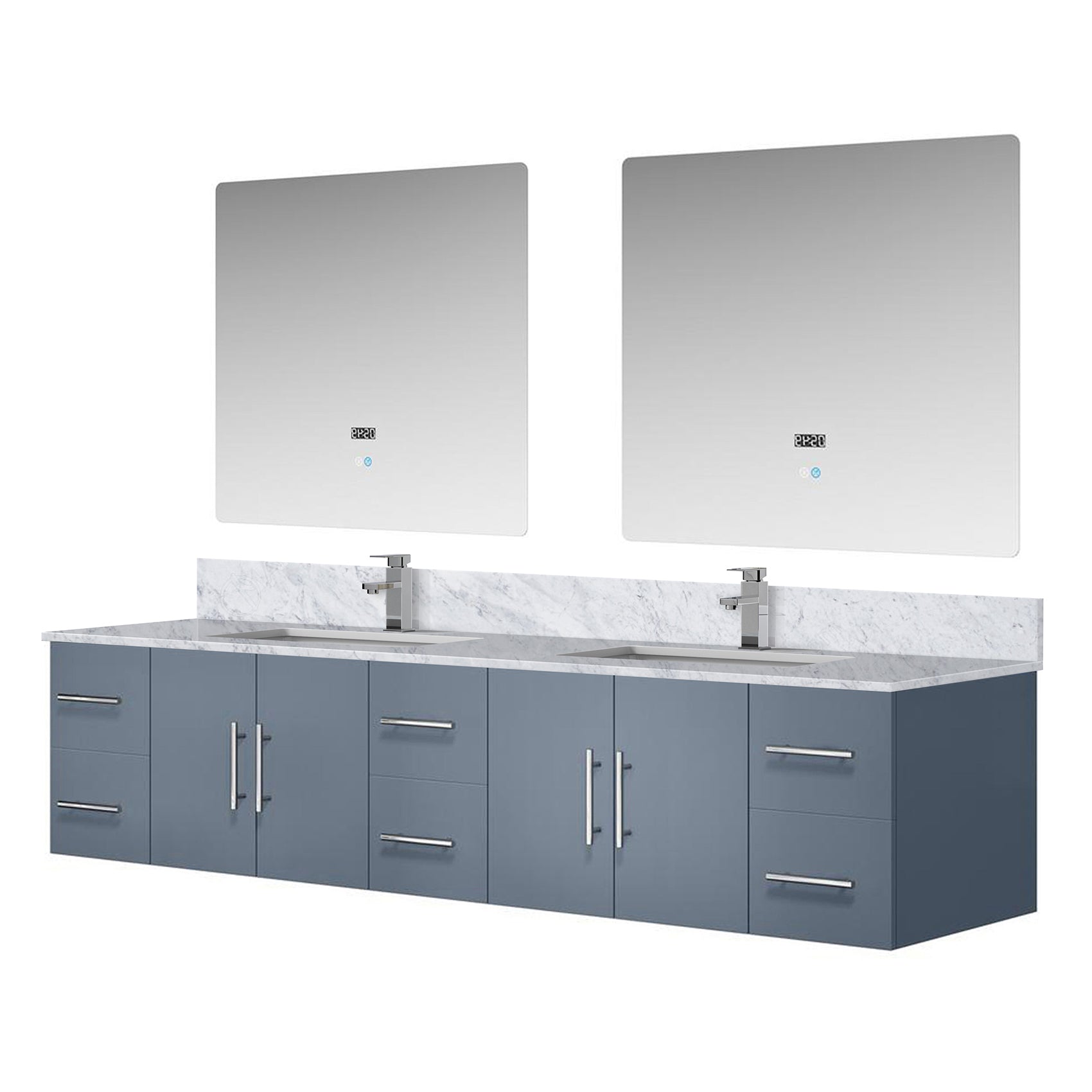 Dark Grey Double Bath Vanity 84 in. W x 22 in. D, Carrara Marble Top, Faucet Set, and 36 in. LED Mirrors