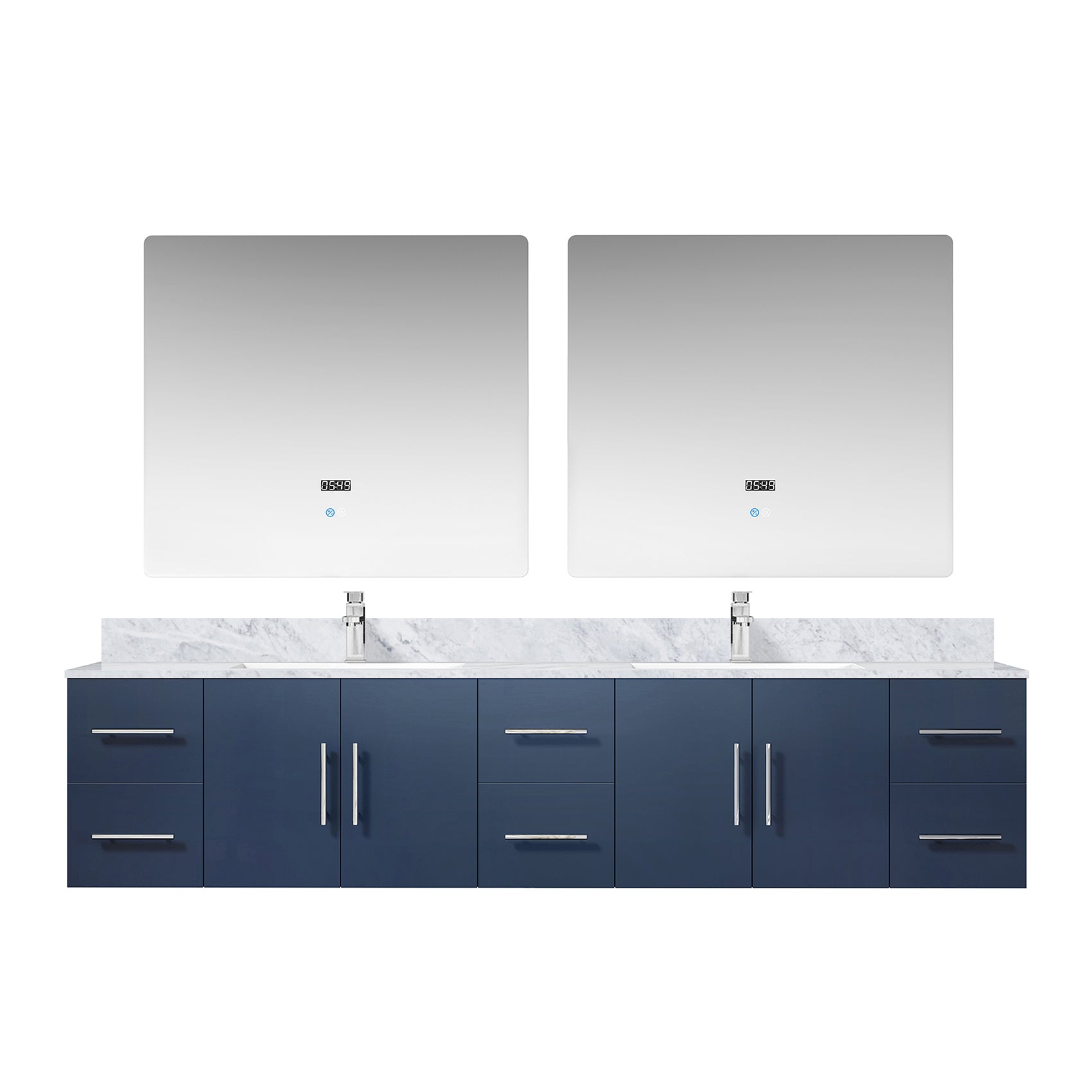 Navy Blue Double Bath Vanity 84 in. W x 22 in. D, Carrara Marble Top, Faucet Set, and 36 in. LED Mirrors