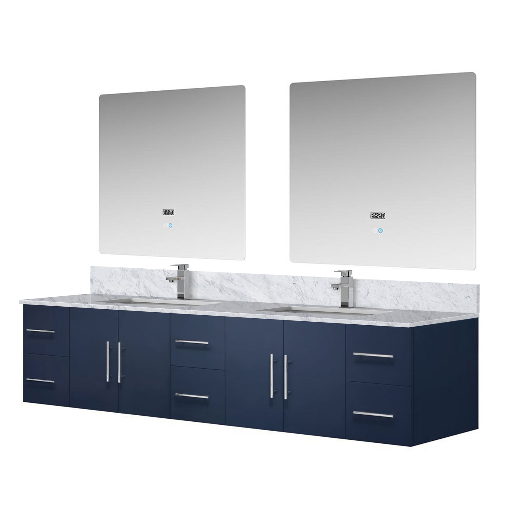 Navy Blue Double Bath Vanity 84 in. W x 22 in. D, Carrara Marble Top, Faucet Set, and 36 in. LED Mirrors