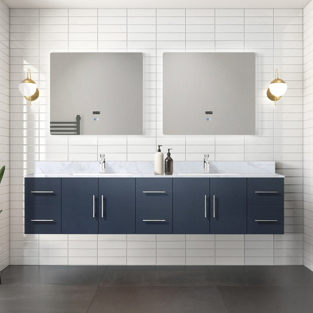 Navy Blue Double Bath Vanity 84 in. W x 22 in. D, Carrara Marble Top, Faucet Set, and 36 in. LED Mirrors