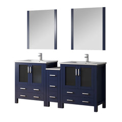 Navy Blue Double Bath Vanity 72 in. W x 18.25 in. D, with Side Cabinets, Faucet Set, White Ceramic Top, and 28 in. Mirrors