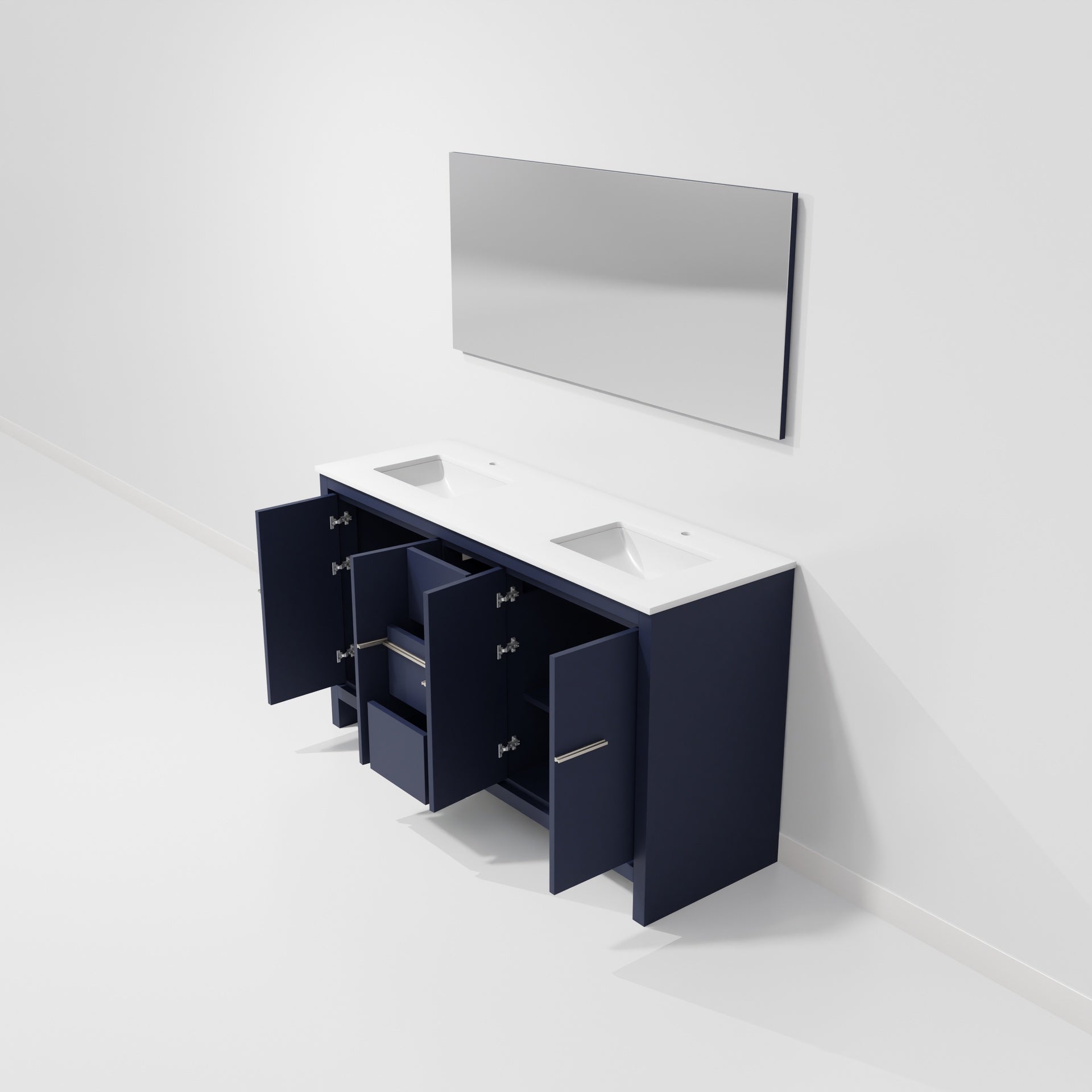 Navy Blue Double Bath Vanity 60 in. W x 20 in. D, White Quartz Top and 55 in. Mirror