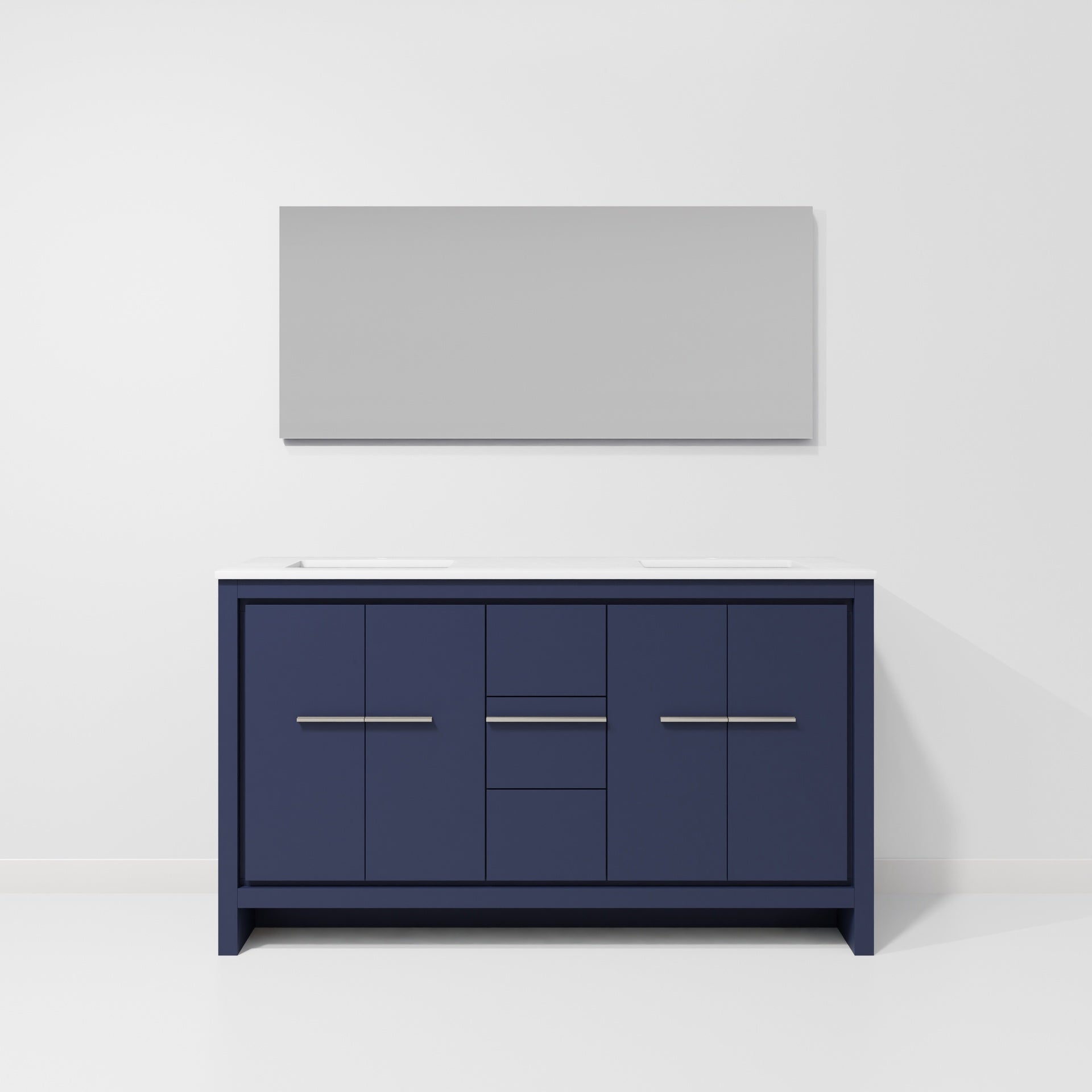 Navy Blue Double Bath Vanity 60 in. W x 20 in. D, White Quartz Top and 55 in. Mirror