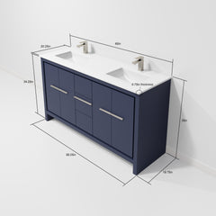 Navy Blue Double Bath Vanity 60 in. W x 20 in. D, Cultured Marble Top and 55 in. Mirror