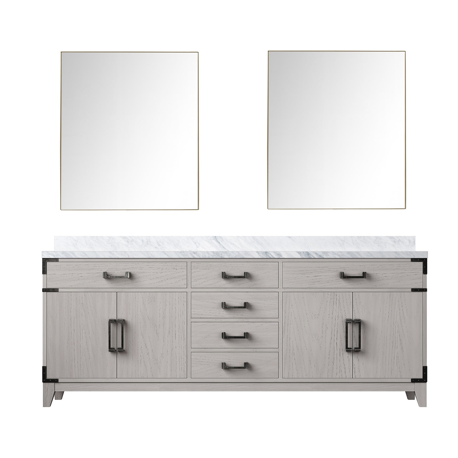 White Oak Double Bath Vanity 80 in. W x 22 in. D, Carrara Marble Top, and 36 in. Mirrors