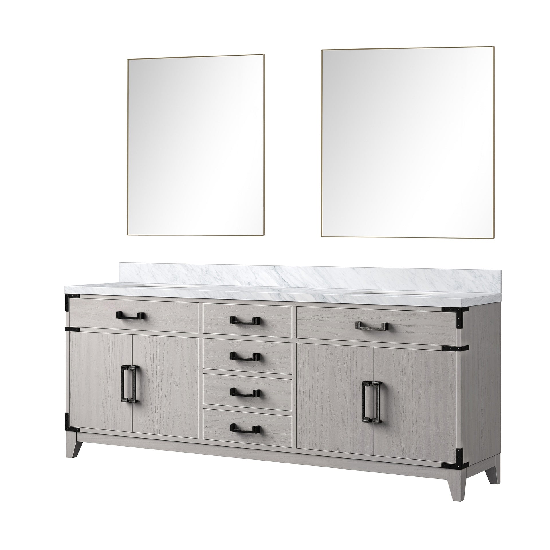 White Oak Double Bath Vanity 80 in. W x 22 in. D, Carrara Marble Top, and 36 in. Mirrors