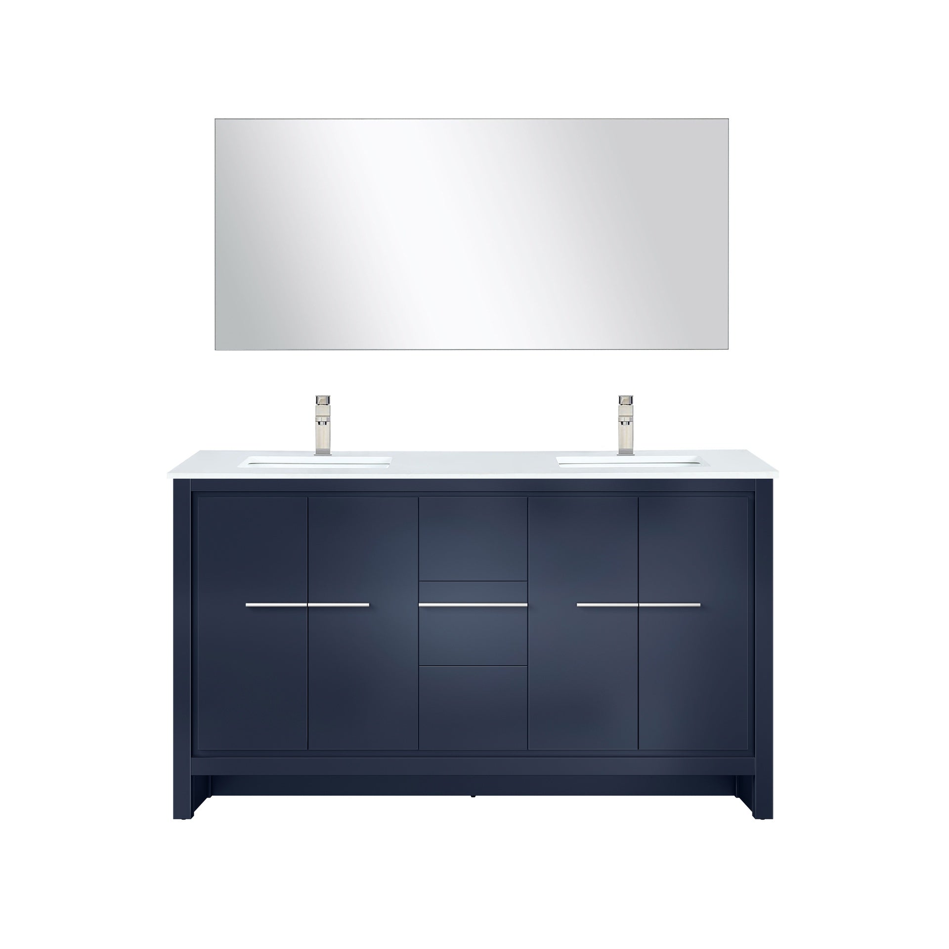Navy Blue Double Bath Vanity 60 in. W x 20 in. D, Cultured Marble Top, Brushed Nickel Faucet Set and 55 in. Mirror