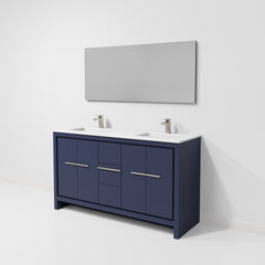 Navy Blue Double Bath Vanity 60 in. W x 20 in. D, Cultured Marble Top, Gun Metal Faucet Set and 55 in. Mirror