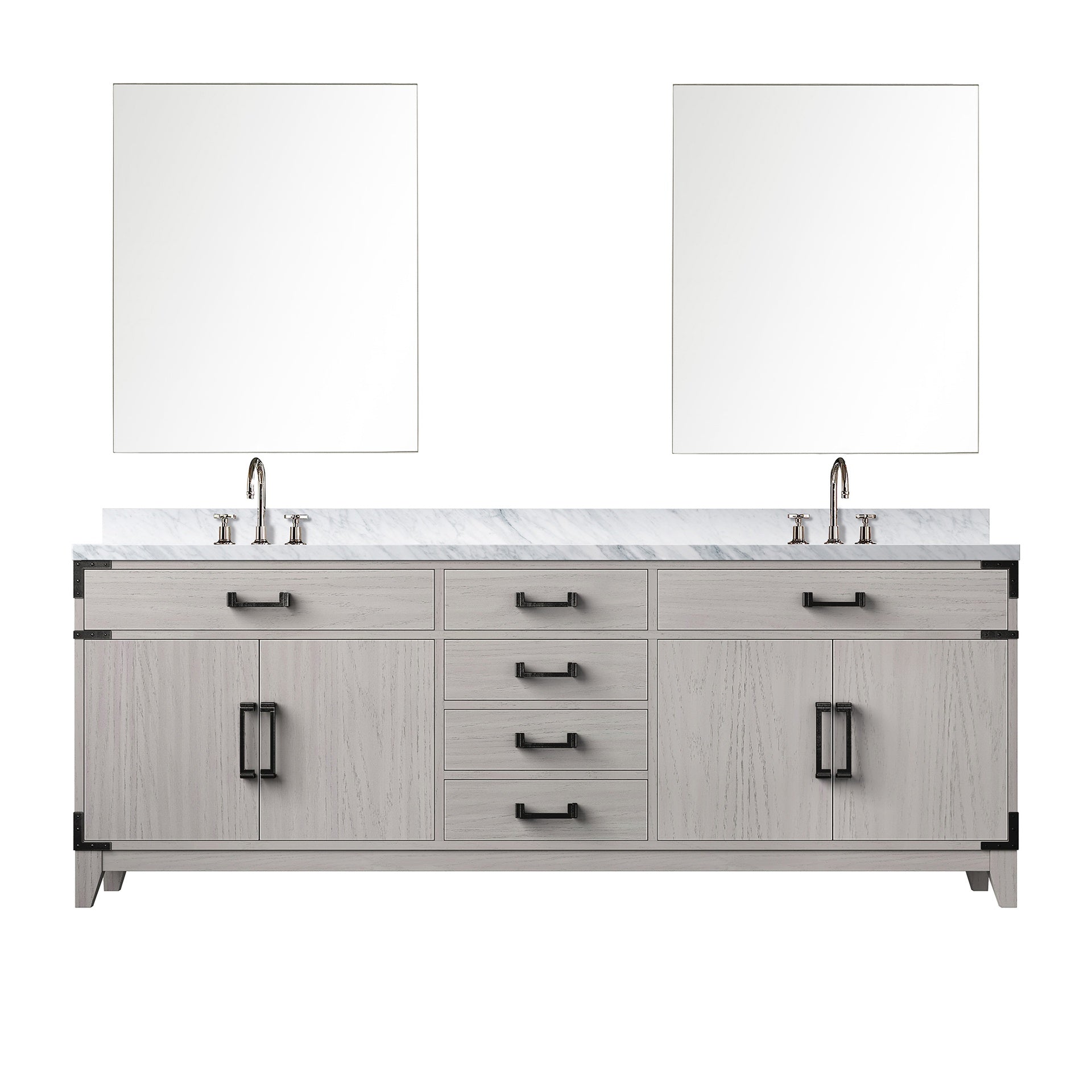 White Oak Double Bath Vanity 84 in. W x 22 in. D, Carrara Marble Top, Faucet Set, and 36 in. Mirrors