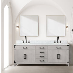 White Oak Double Bath Vanity 84 in. W x 22 in. D, Carrara Marble Top, Faucet Set, and 36 in. Mirrors