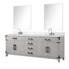 White Oak Double Bath Vanity 84 in. W x 22 in. D, Carrara Marble Top, Faucet Set, and 36 in. Mirrors