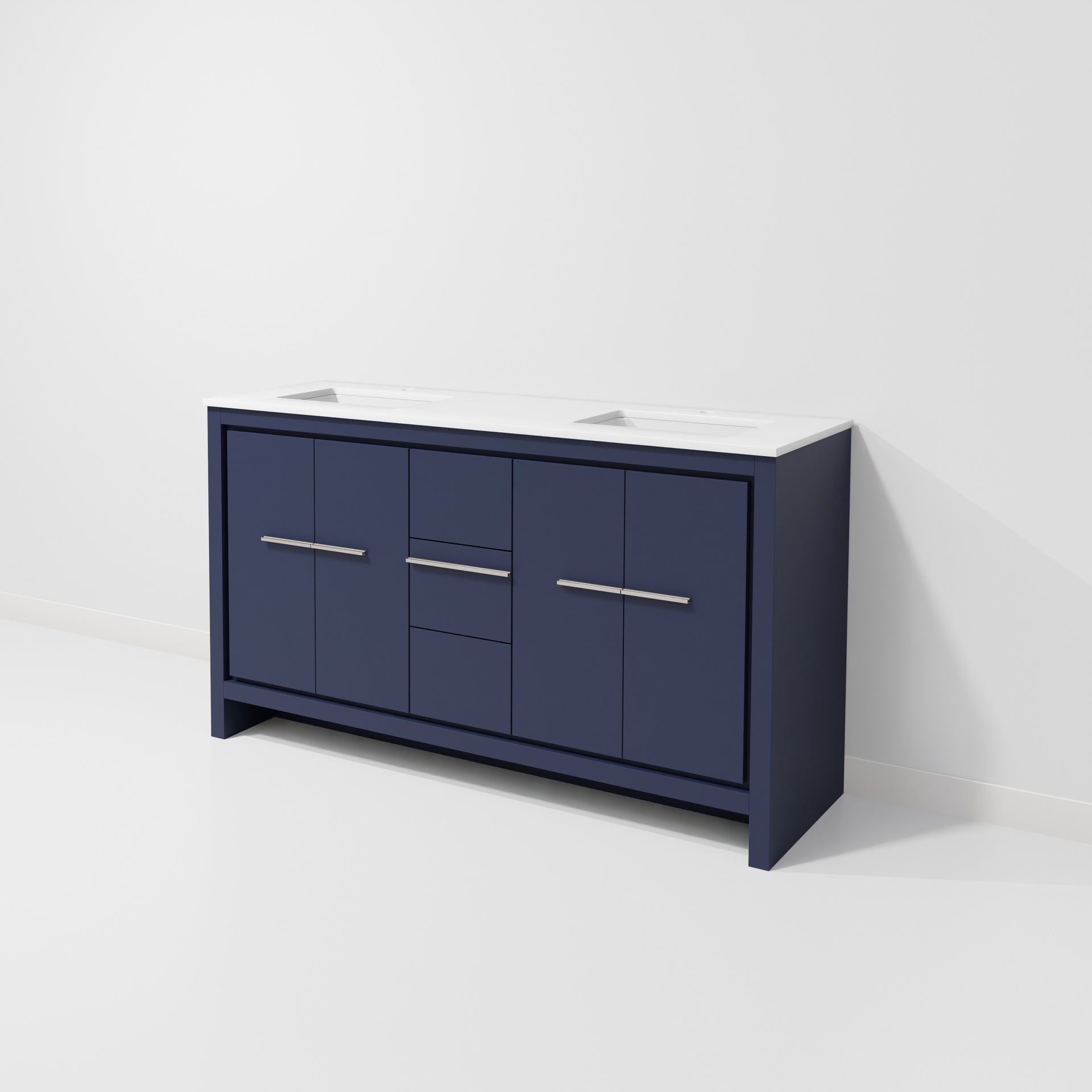 Navy Blue Double Bath Vanity 60 in. W x 20 in. D, with White Quartz Top
