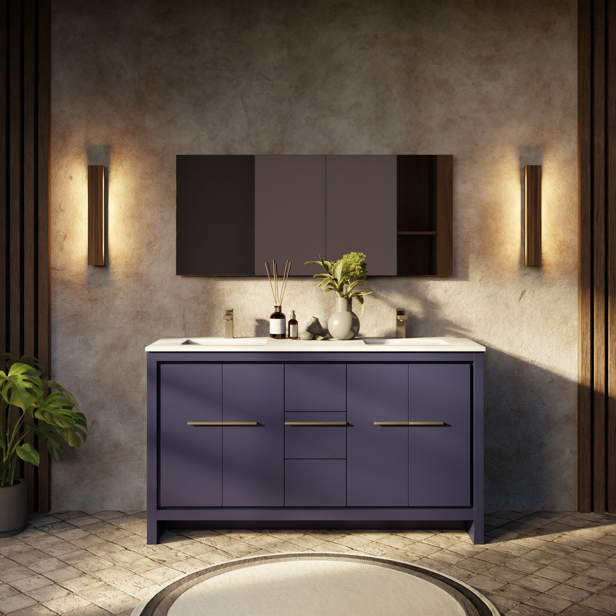 Navy Blue Double Bath Vanity 60 in. W x 20 in. D, with White Quartz Top